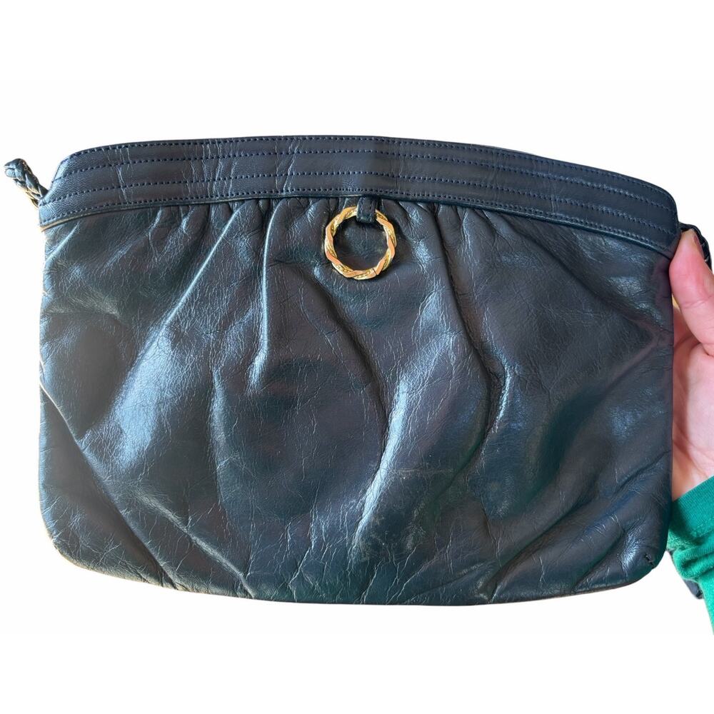 Morris Moskowitz Genuine Leather Shoulder Bag Clutch Purse Navy Blue Gold Retro